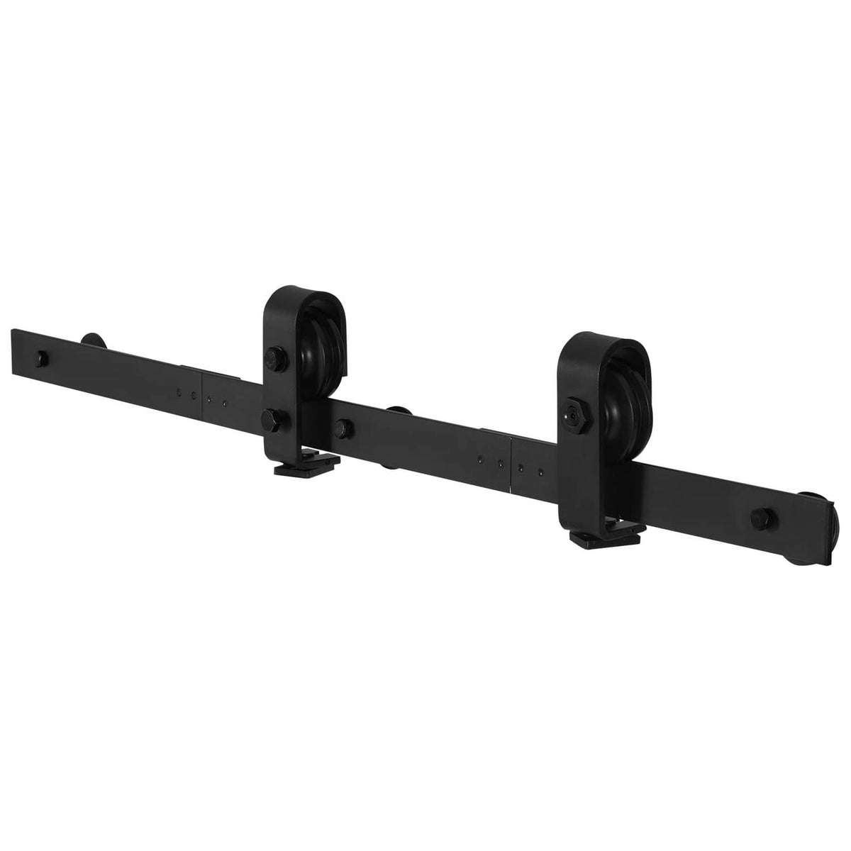 Bi-folding barn door hardware track kit with black rail and two roller brackets