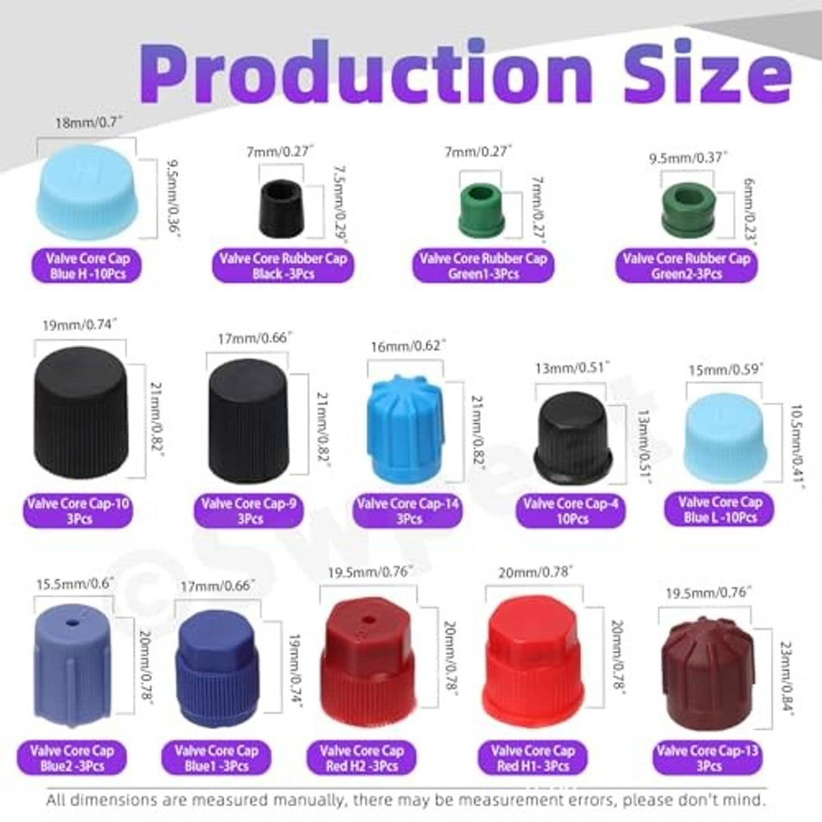A/C valve core cap sizing chart showing assorted blue, black, green, red caps