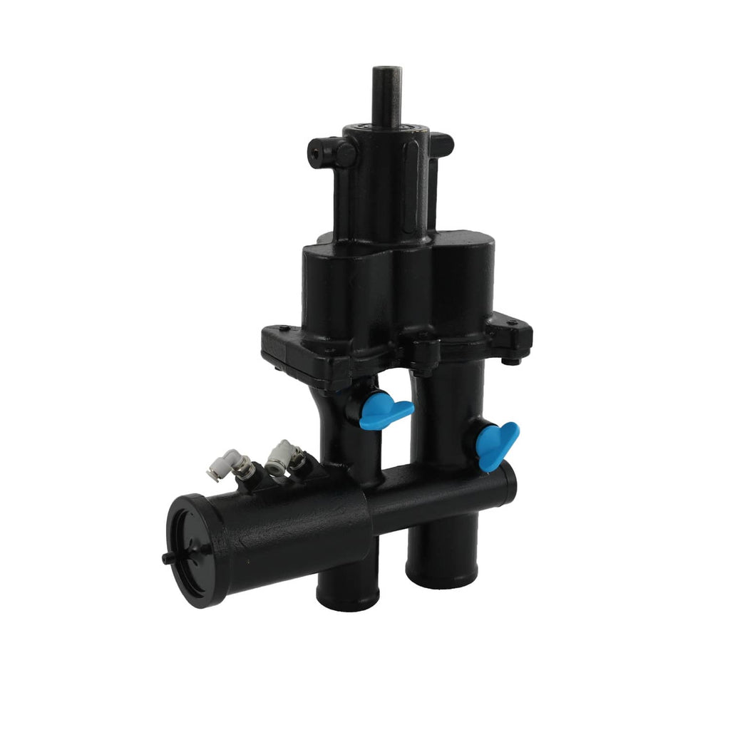 Black sea water pump assembly with blue inlet and outlet ports