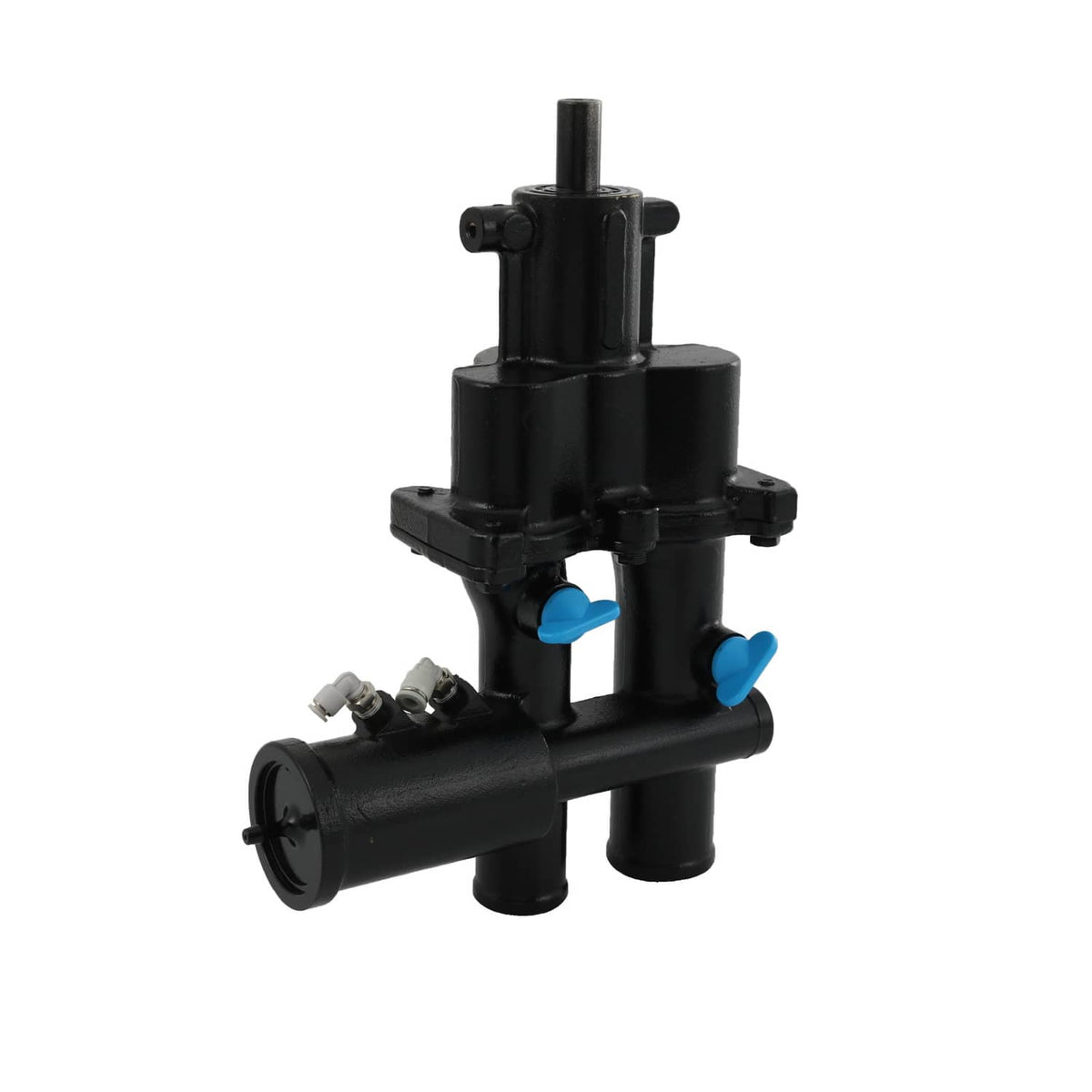 Black sea water pump assembly with blue inlet and outlet ports