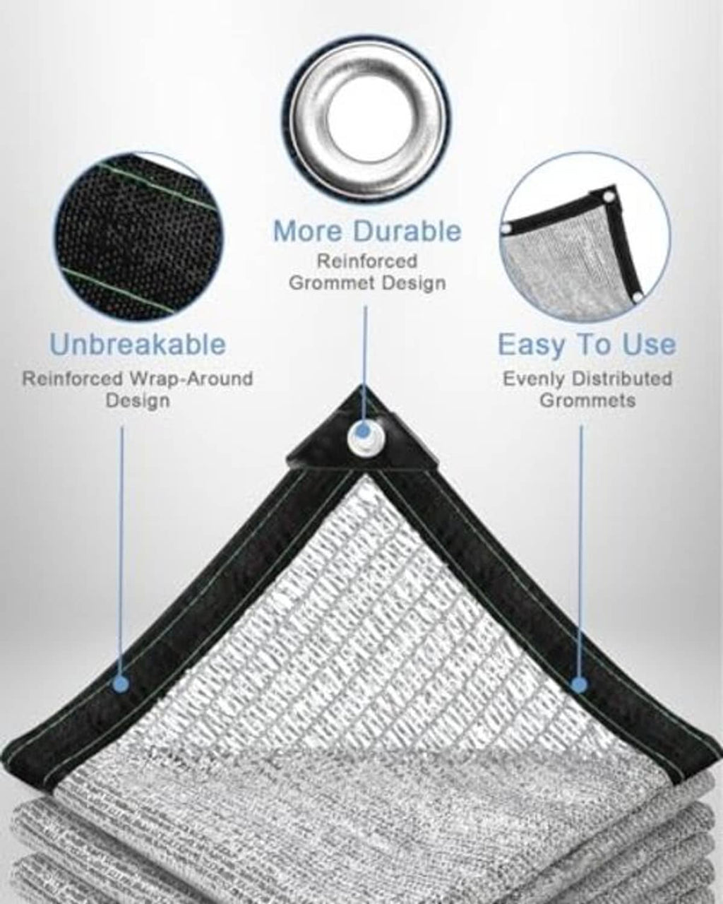 Reflective shade cloth corner detail showing reinforced grommet ring and silver mesh weave