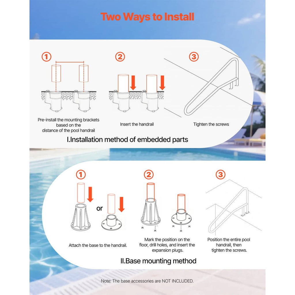 Stainless steel pool handrail installation steps diagram for embedded or base mount