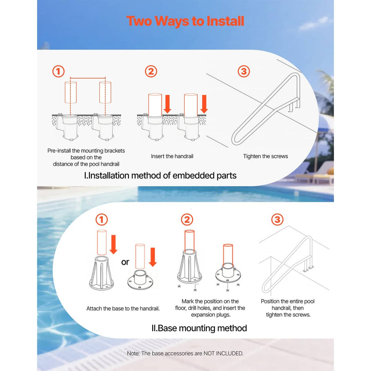Stainless steel pool handrail installation steps diagram for embedded or base mount