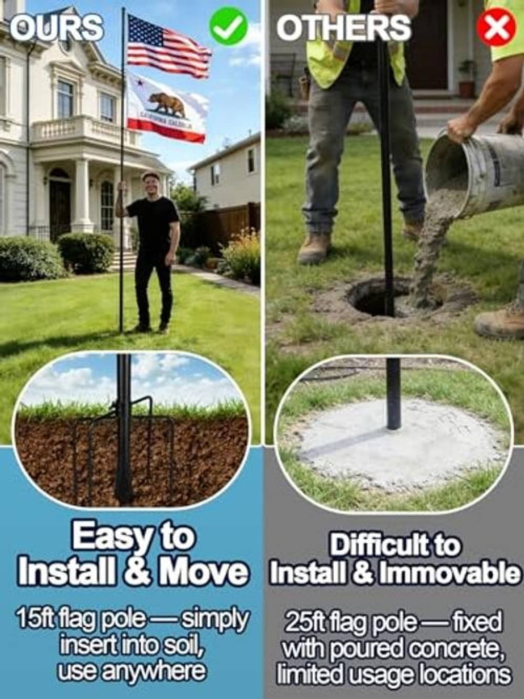 In-ground flag pole installation scene showing upright pole and base anchored in soil
