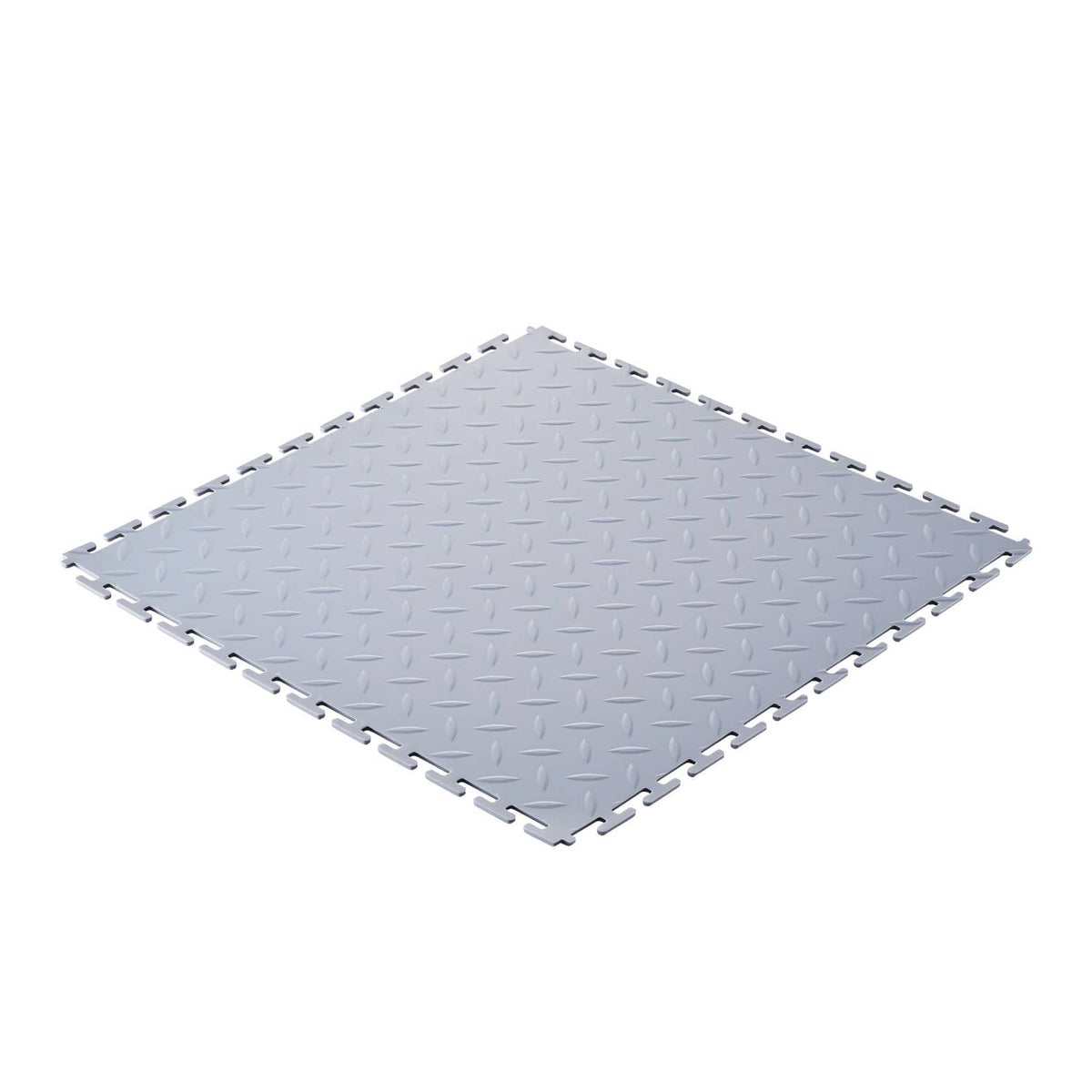 Light gray interlocking garage floor tile with diamond-pattern top surface