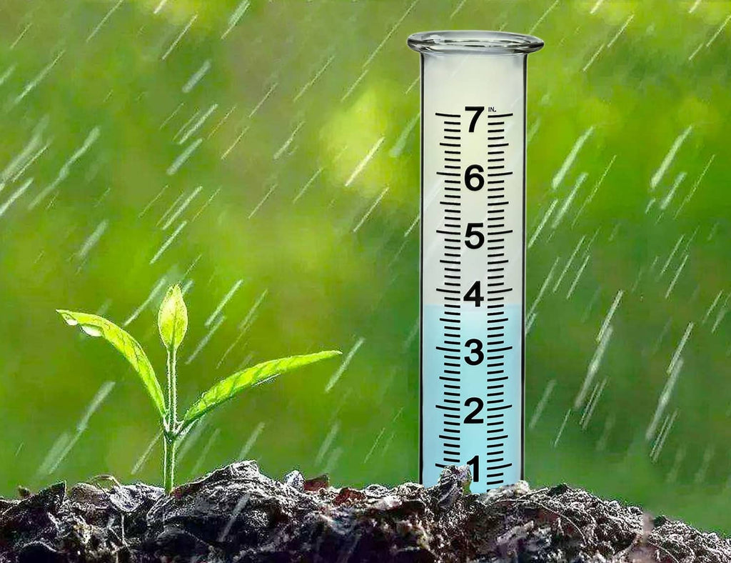 Glass rain gauge tube with 1–7 inch measurement scale, open top
