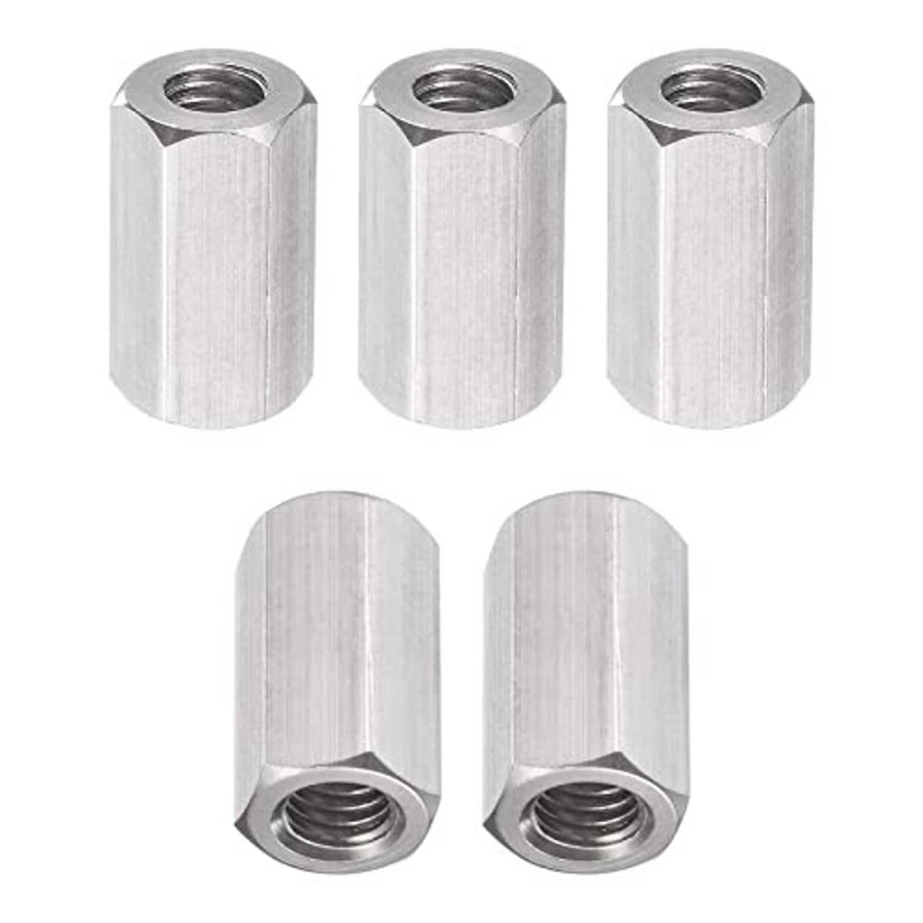 Hex coupling nuts set of 5, silver steel cylinders with hex heads and internal threads.