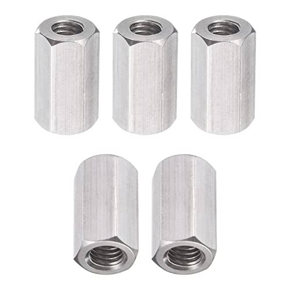 Hex coupling nuts set of 5, silver steel cylinders with hex heads and internal threads.