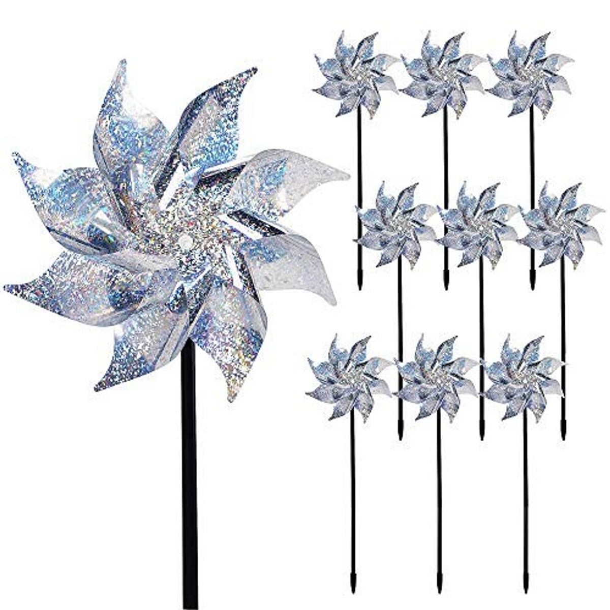 Reflective silver pinwheels on black stakes, glitter star blades, multiple pack
