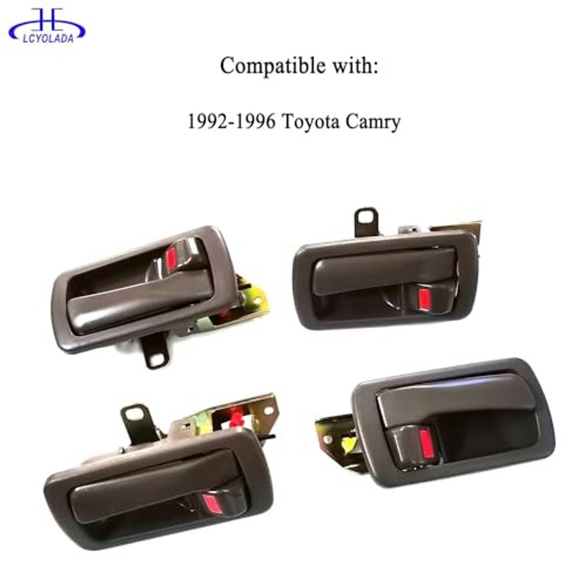 Set of 8 door handles, gray housings with red lock buttons, four-piece arrangement