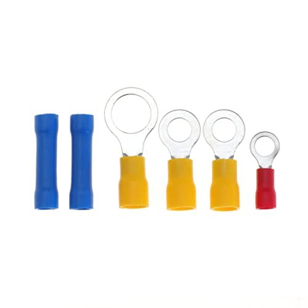 Assorted ring terminal connectors in blue, yellow, white, and red colors