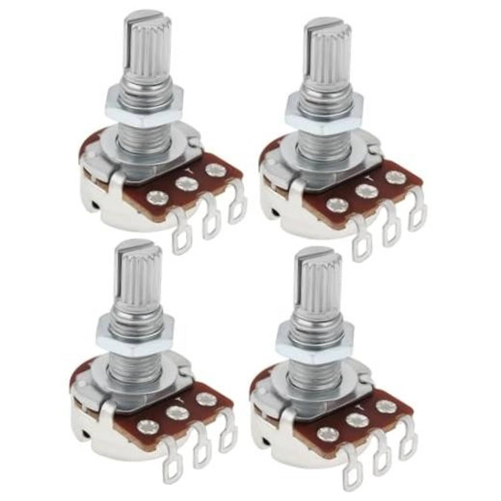 Set of four split-shaft linear potentiometer knobs with metal housing and brown circuit board