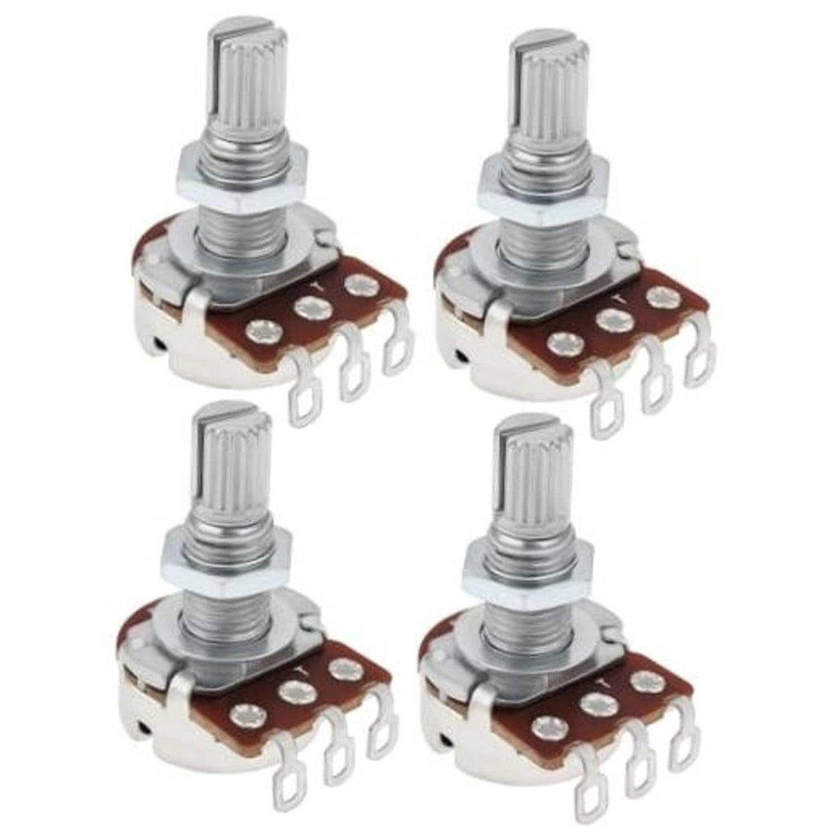 Set of four split-shaft linear potentiometer knobs with metal housing and brown circuit board
