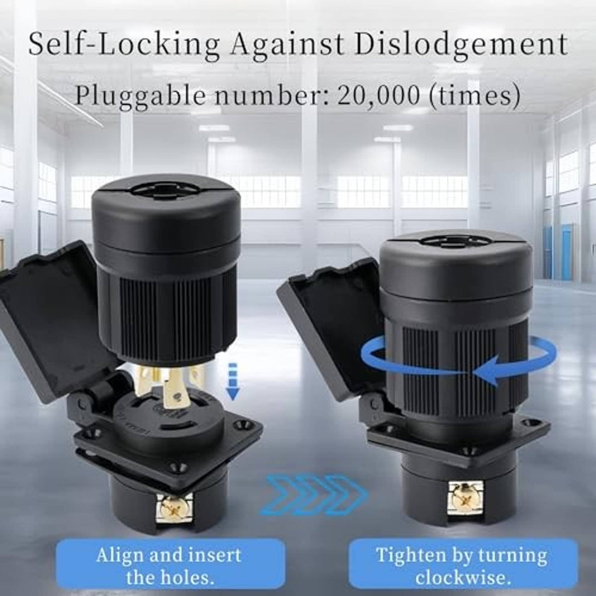 Twist-lock male plug with black locking base and three gold electrical contacts