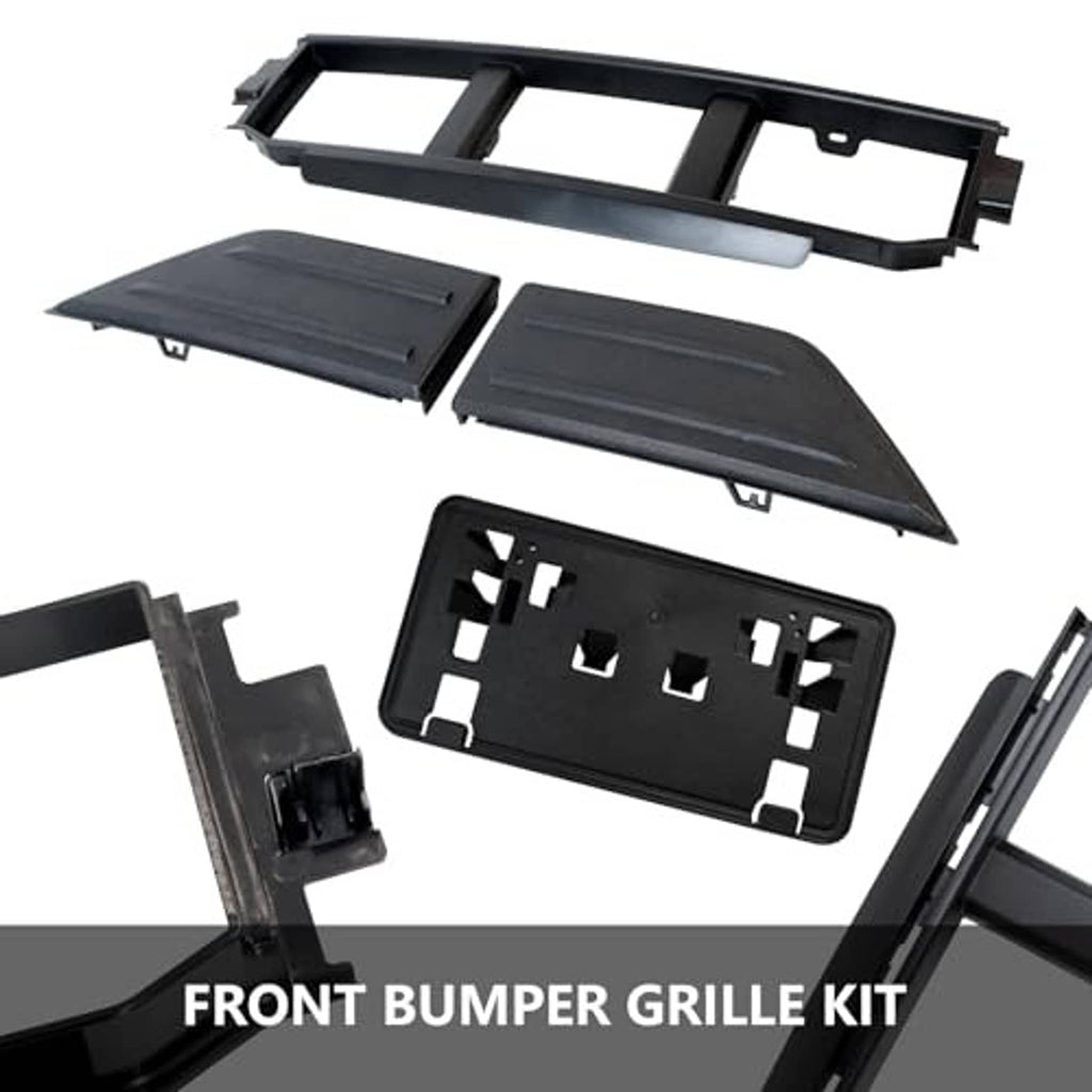 Front bumper grille kit with black grille frame, two guard pads, license plate bracket insert