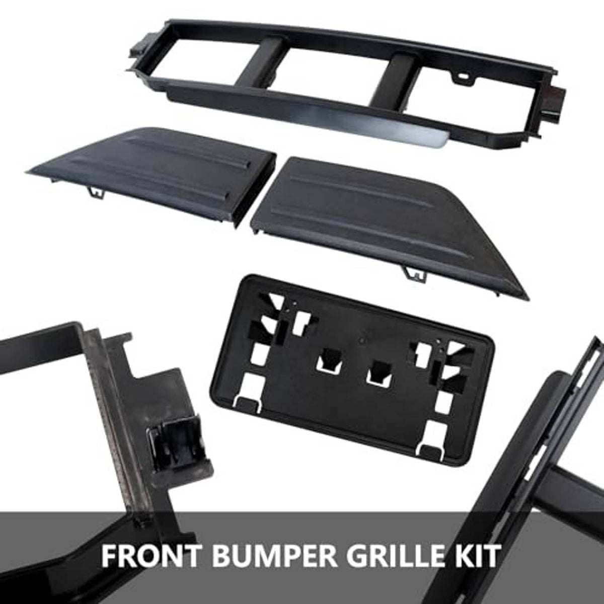 Front bumper grille kit with black grille frame, two guard pads, license plate bracket insert
