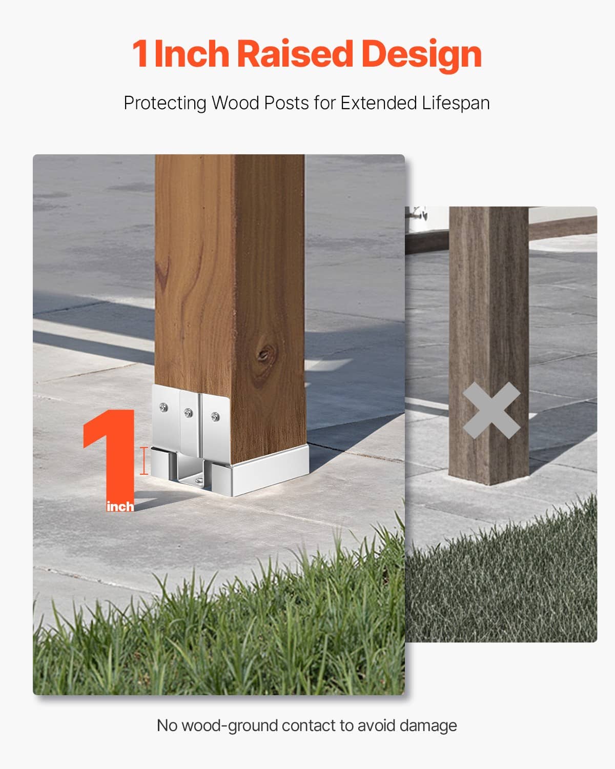Raised metal 4x4 post base bracket lifting wood post off concrete to reduce contact