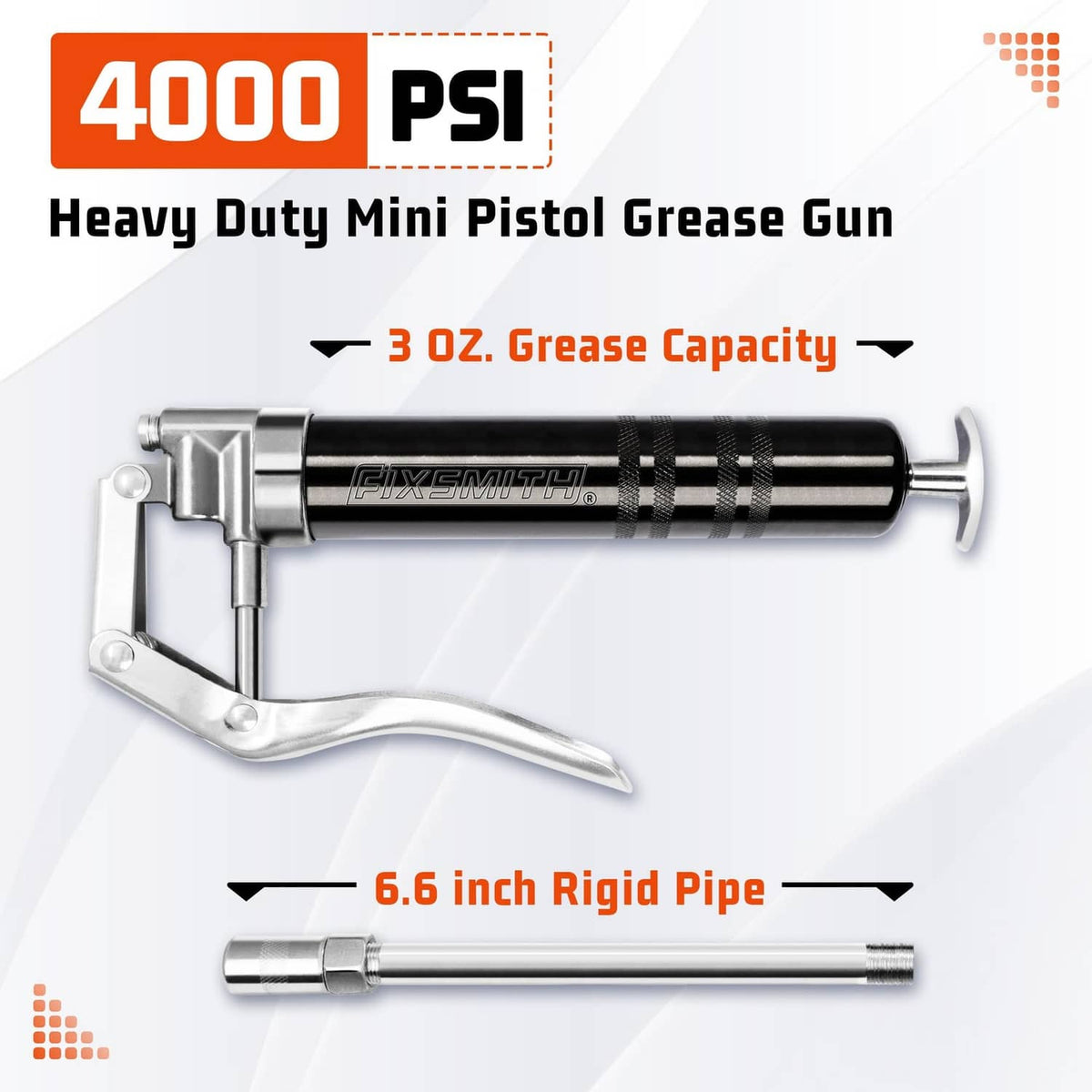 Heavy-duty mini grease gun with pistol grip and rigid metal pipe
