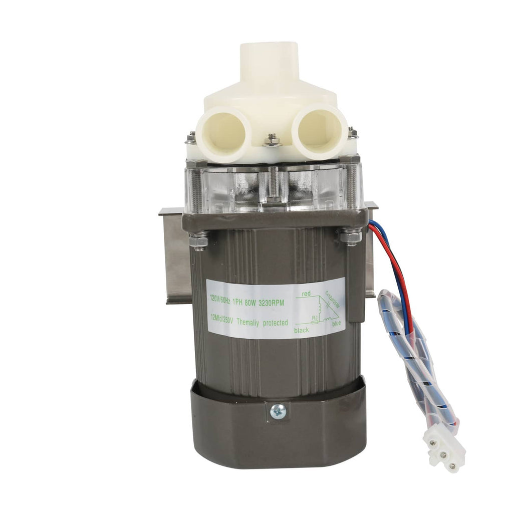 Ice machine water pump motor assembly with twin white nozzles and clear pump chamber