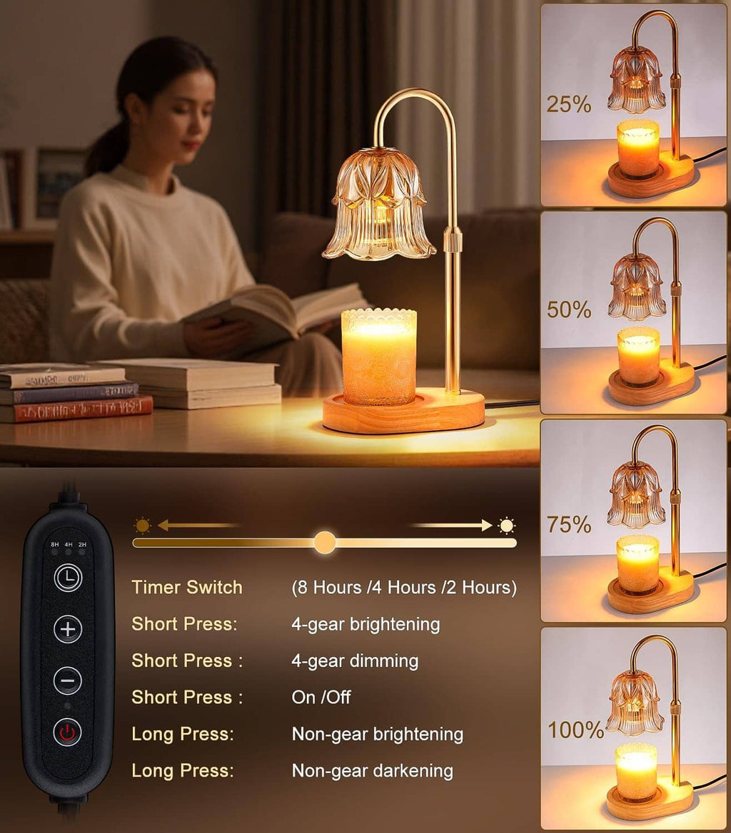 Electric candle warmer lamp with adjustable stem and glowing amber glass bell shade
