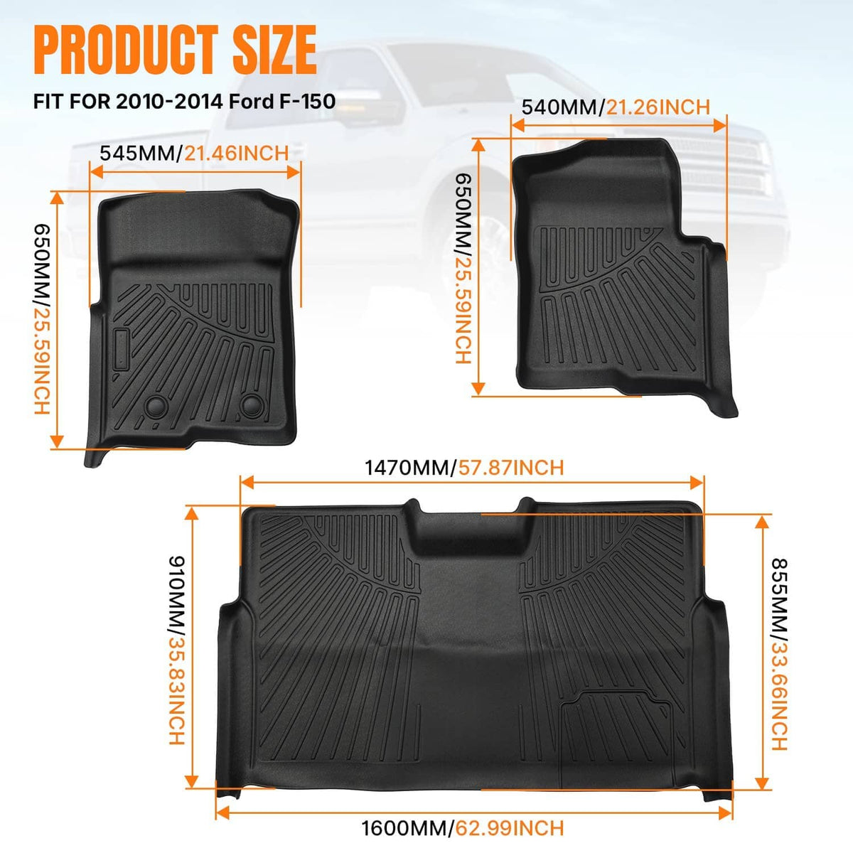 Black molded floor mat with raised channels; set of three mats shown with size outline.