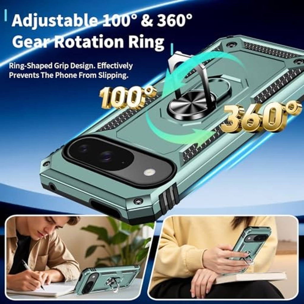 Dark green rugged phone case with adjustable 360-degree gear-style ring stand