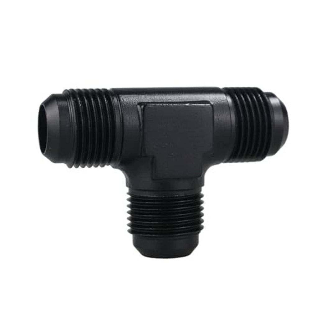 Black AN male tee adapter fitting with two horizontal and one downward threads.