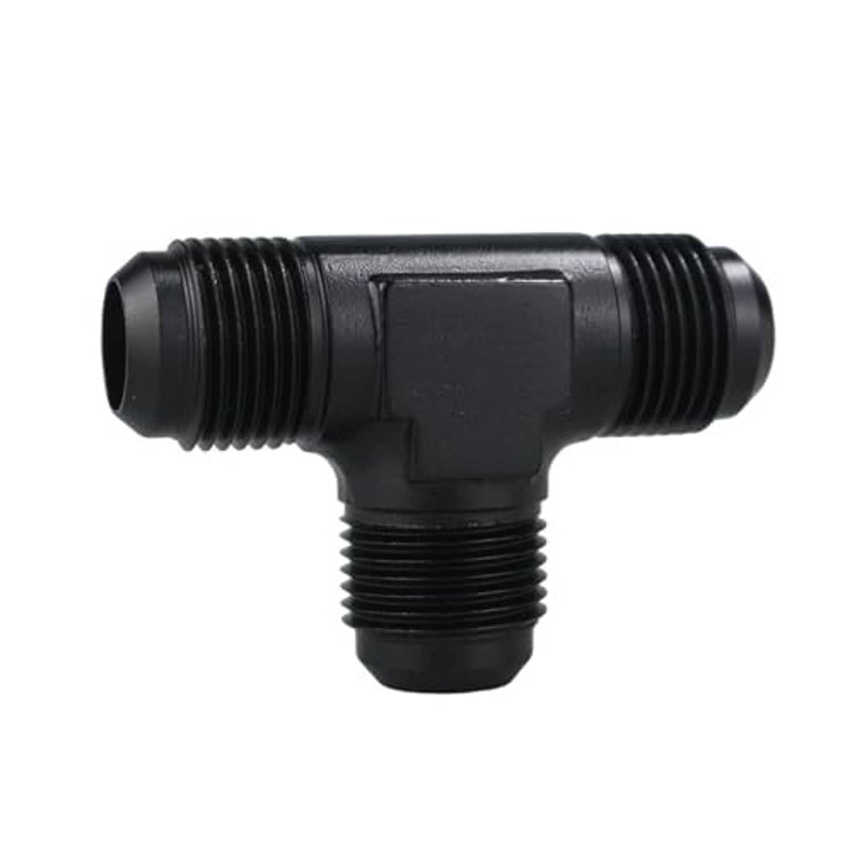 Black AN male tee adapter fitting with two horizontal and one downward threads.