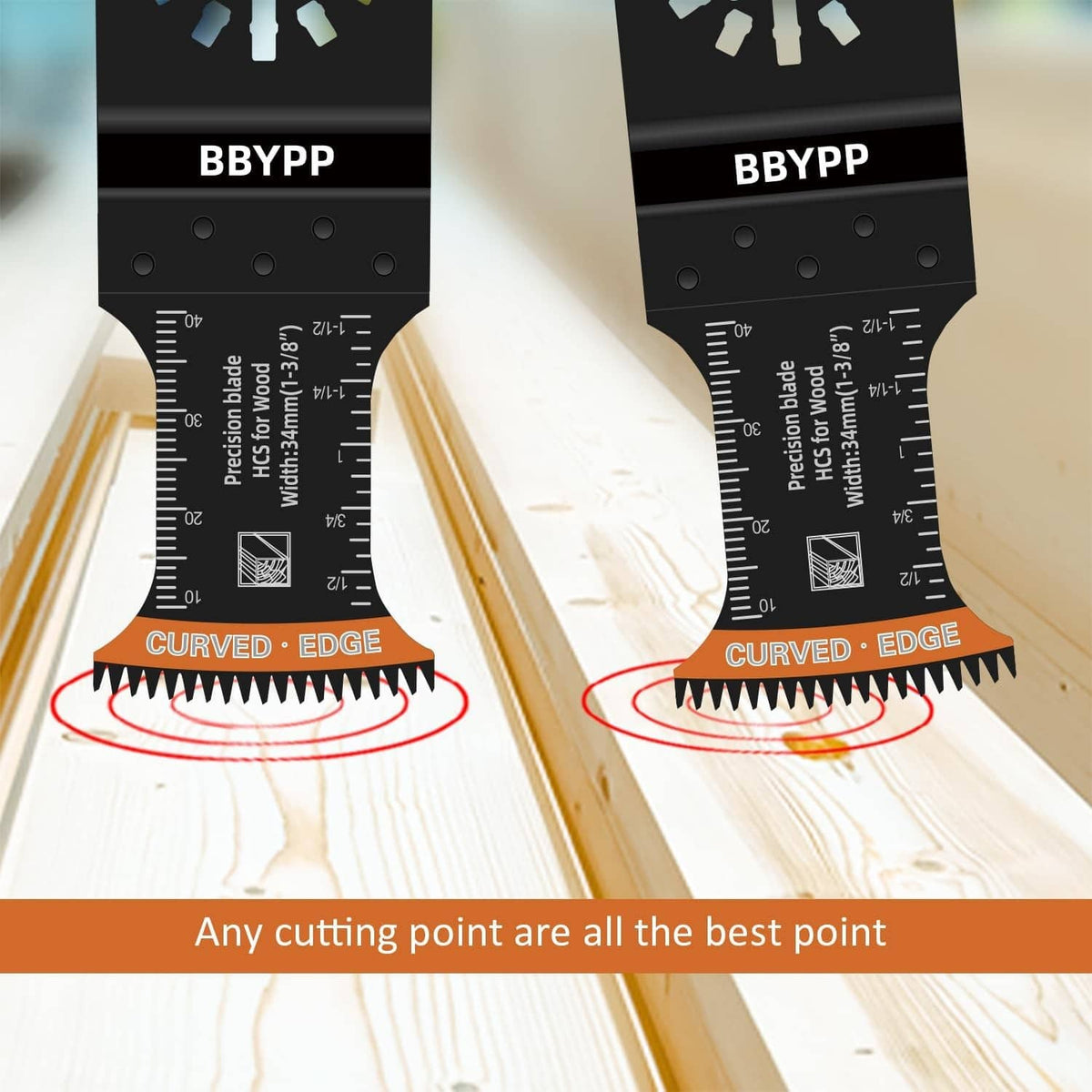 Curved-edge Japanese tooth oscillating saw blade on wood, BBYPP label visible