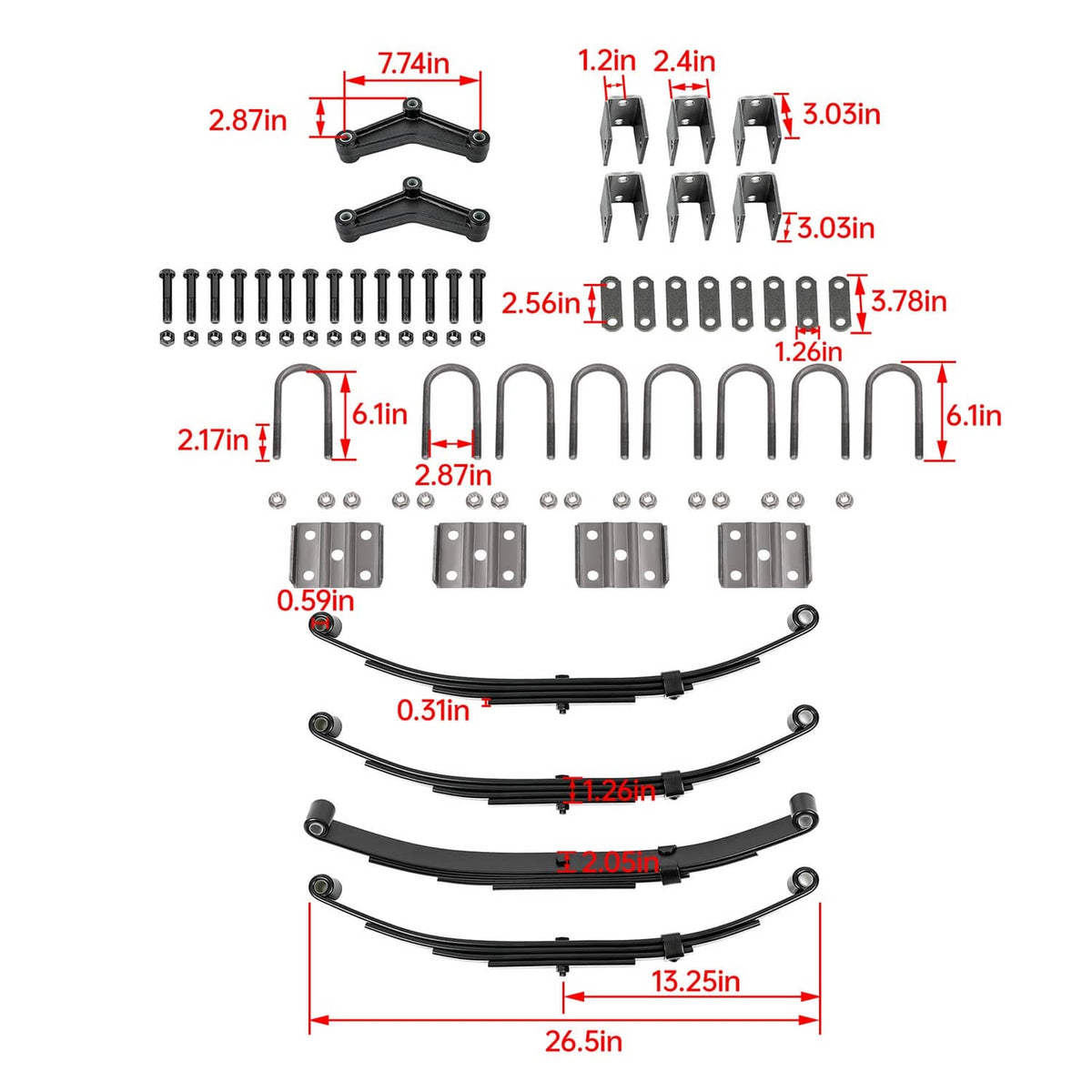Dimensioned trailer suspension kit parts: leaf springs, hangers, U-bolts, and equalizers