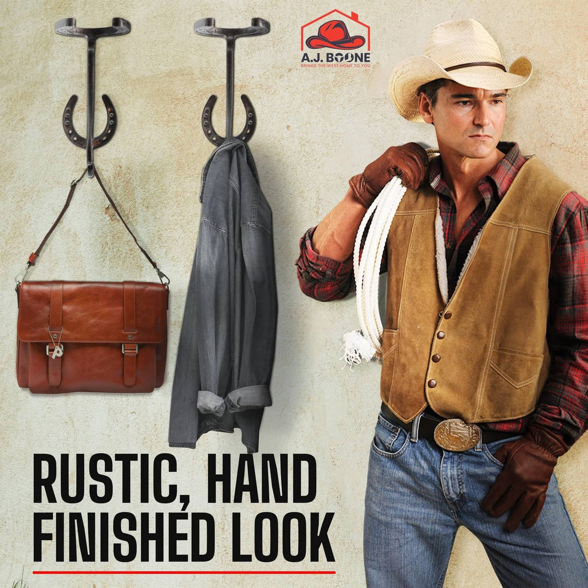 Set of 2 wall-mounted cowboy hat racks with curved U-shaped hooks.