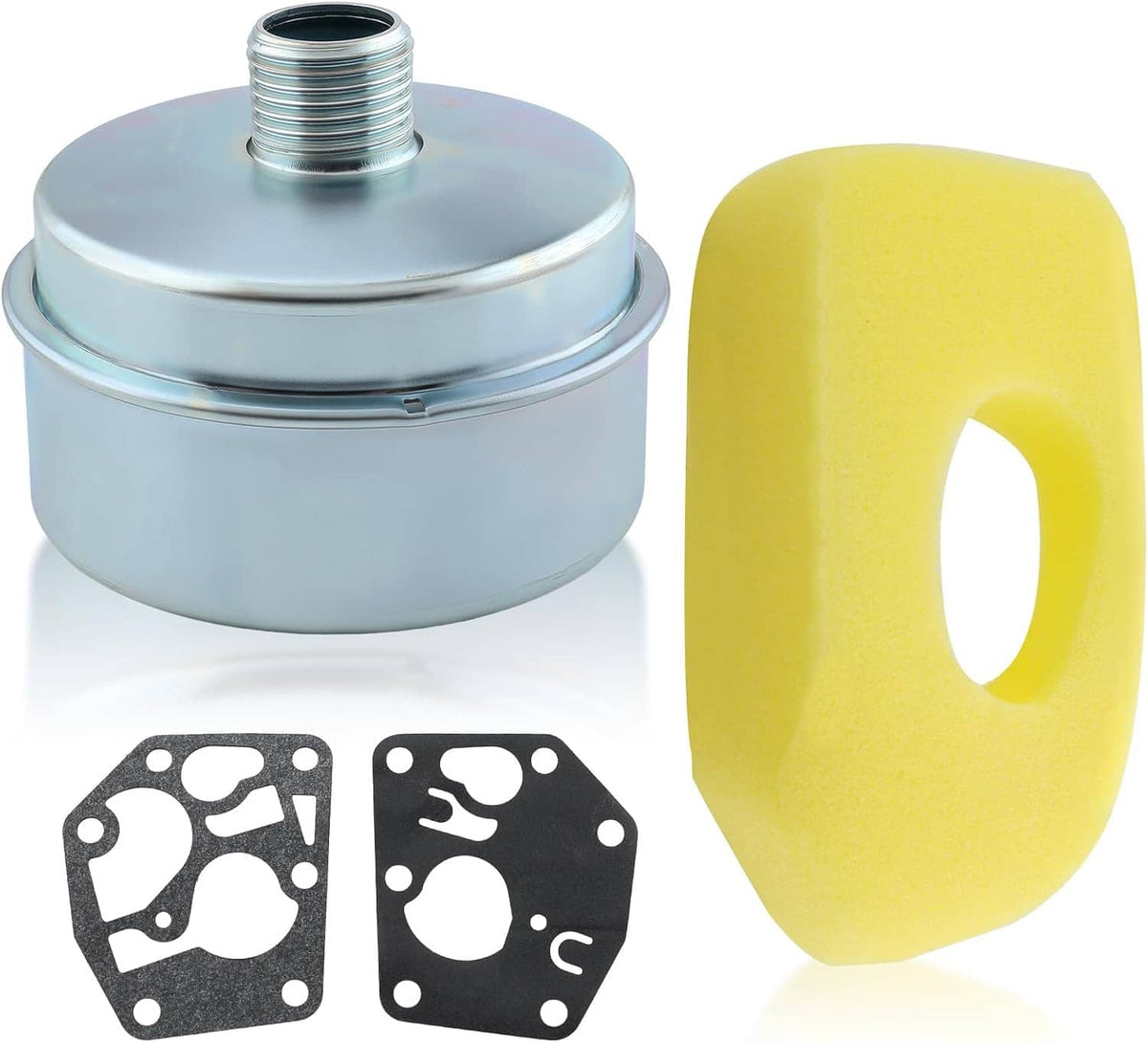 Lawn mower muffler and air filter kit with foam filter and 2 gaskets