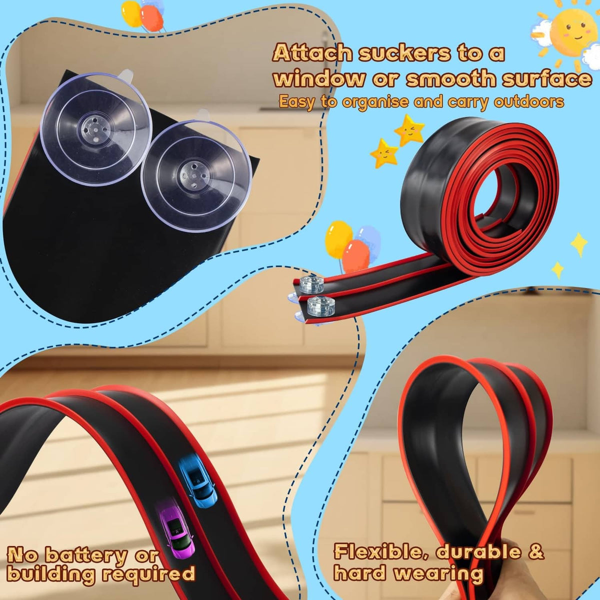Black-and-red flexible track roll with suction cups and base clips