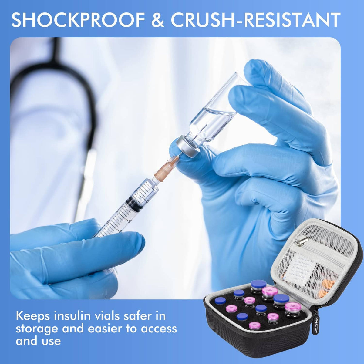 Vial storage case with zipper and shock-absorbing foam insert for safer insulin vials