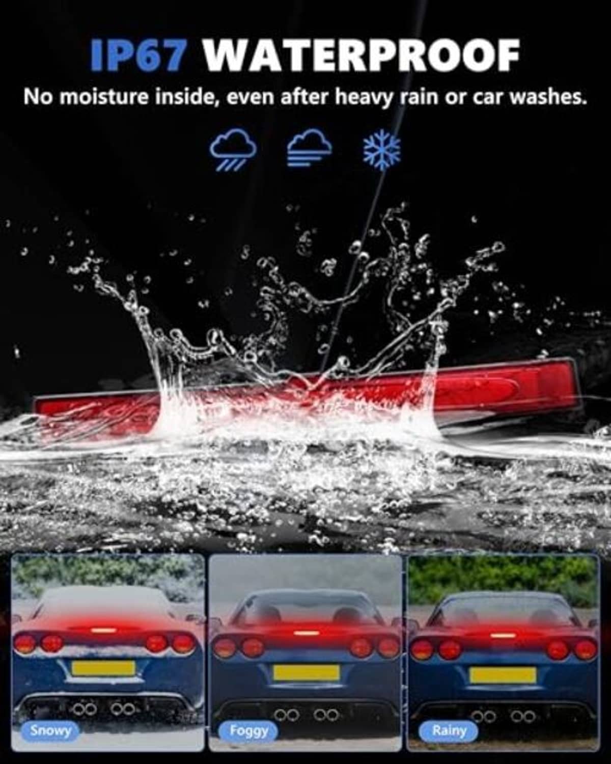 Red LED third brake light bar with glowing light strip on car rear