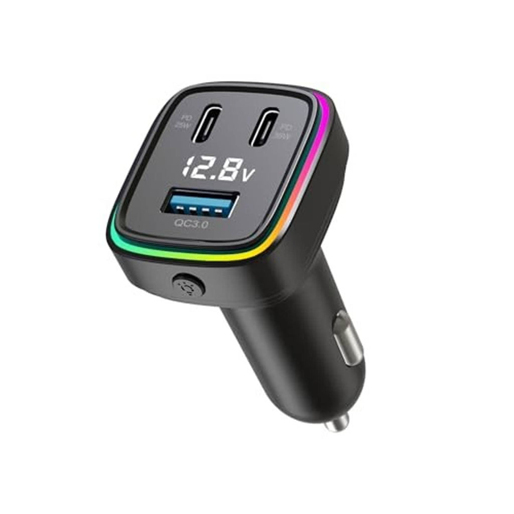 Black 3-port car charger adapter with dual USB ports, QC 3.0 port, and voltage screen
