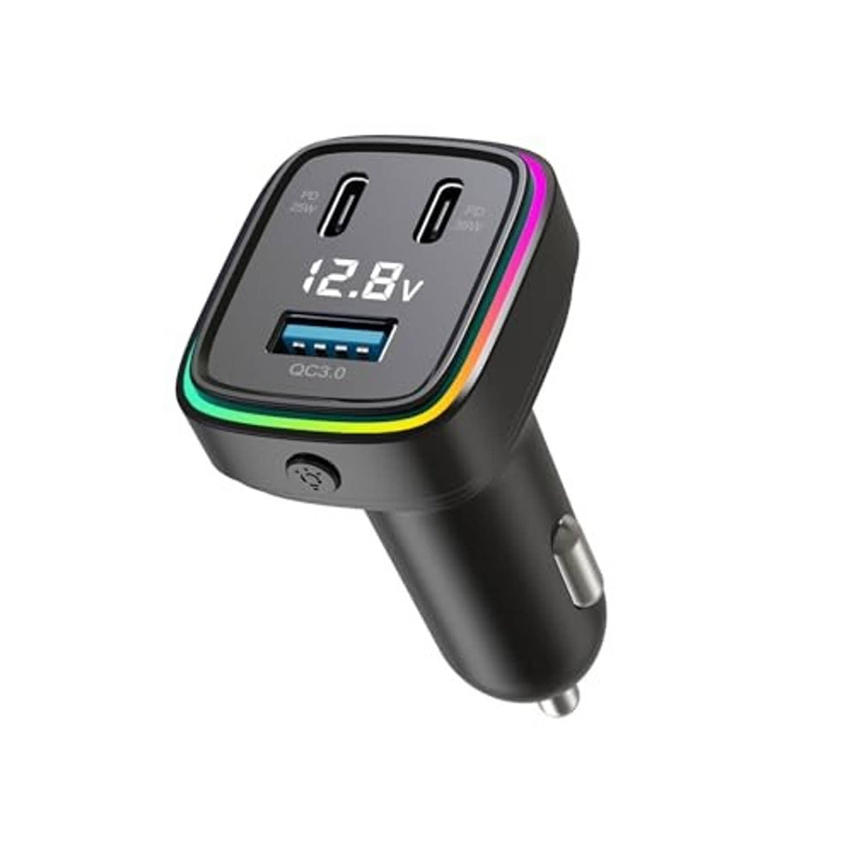 Black 3-port car charger adapter with dual USB ports, QC 3.0 port, and voltage screen