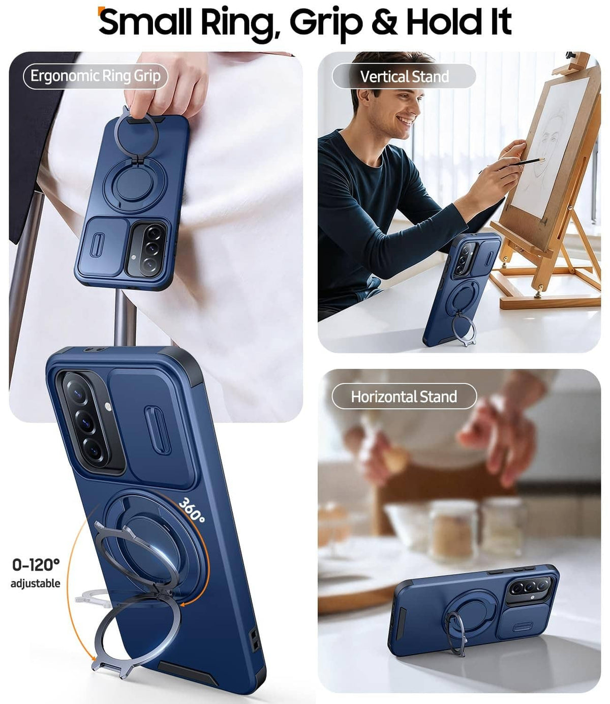 Blue phone case with circular ring grip and kickstand, adjustable 0–120°