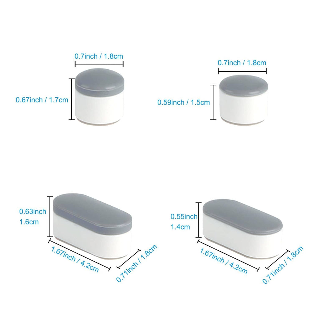 Gray and white toilet seat bumper pads with illustrated size measurements