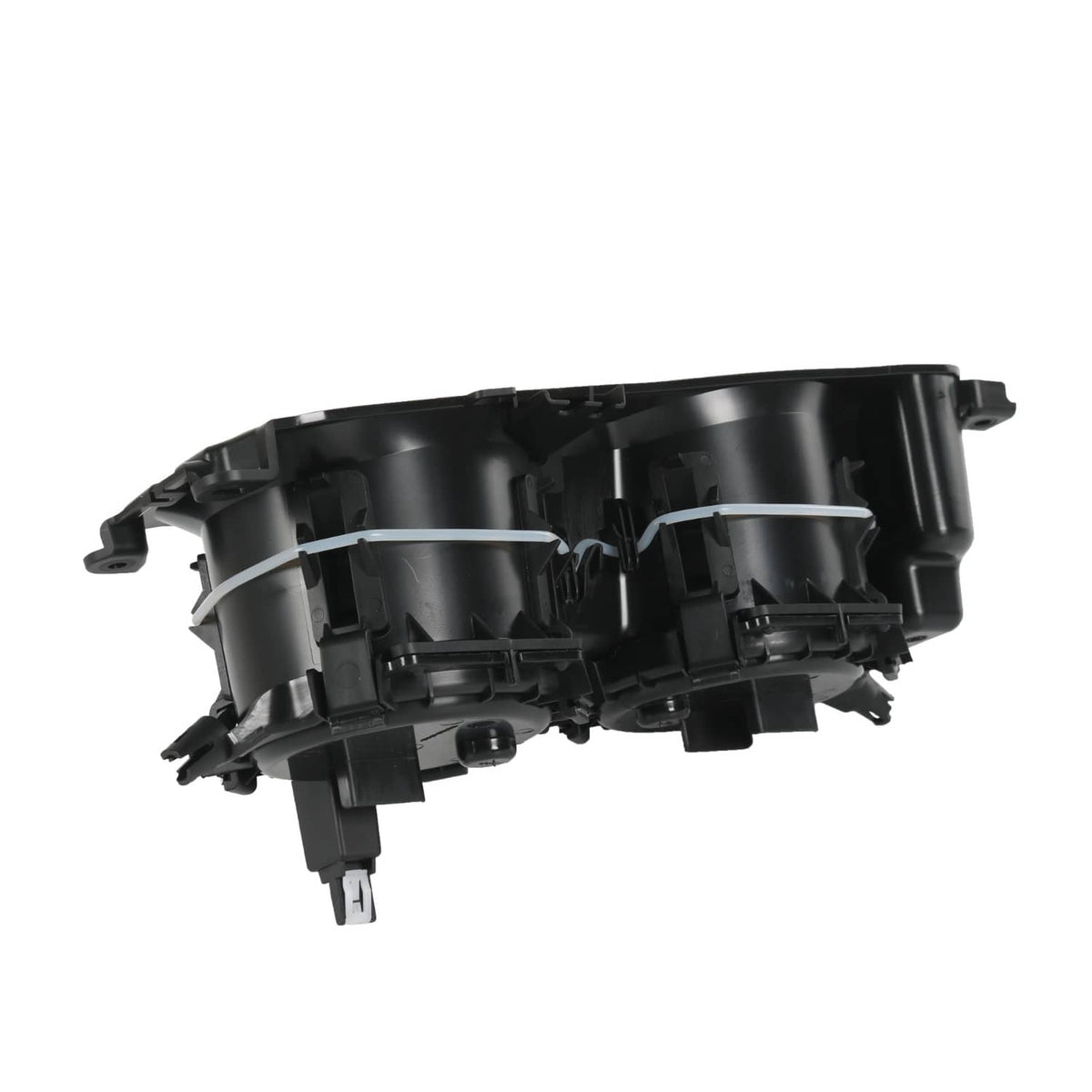 Black dual cup holder insert back side with internal plastic structure and clips