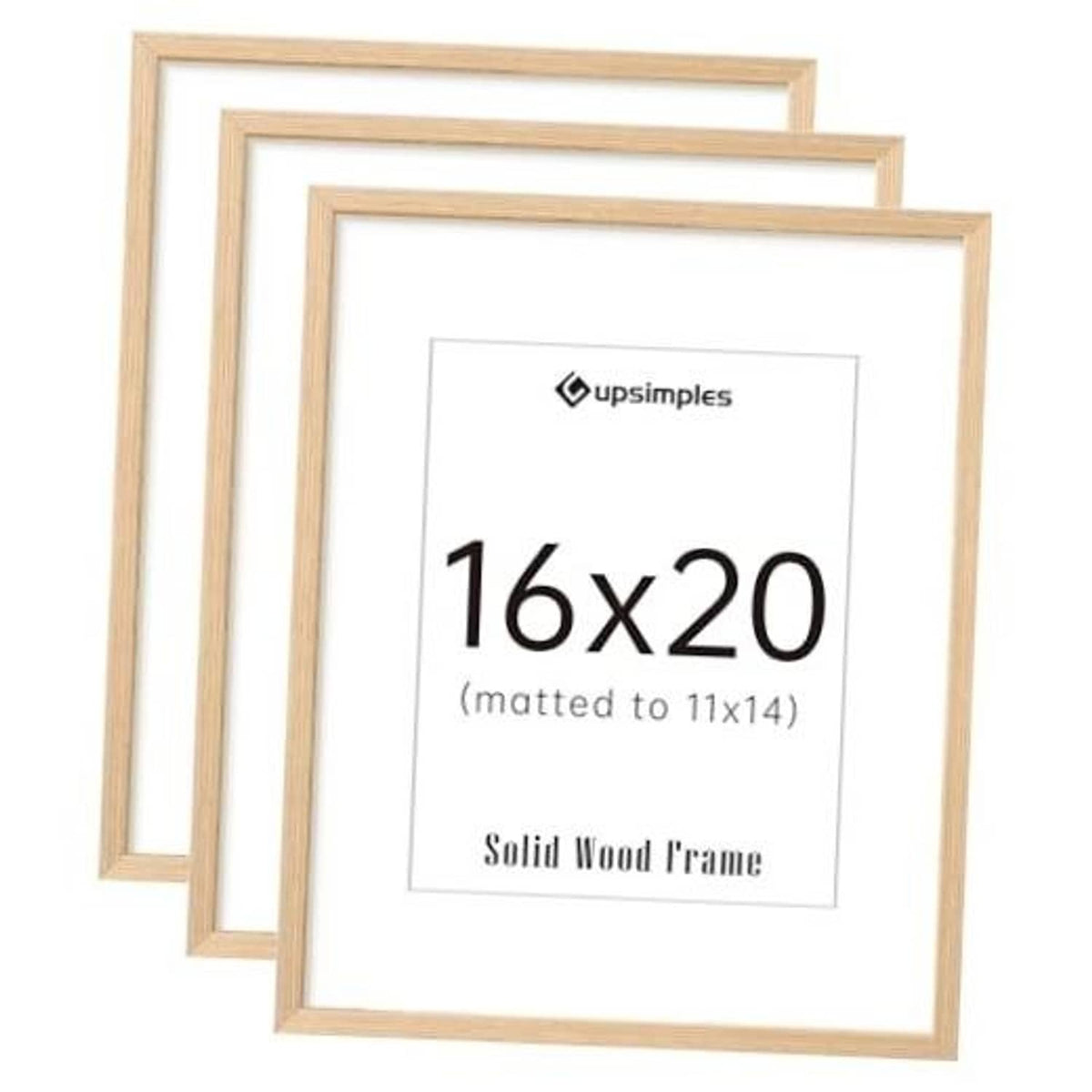 Solid wood 16x20 picture frame set, three stacked light natural frames with mat opening