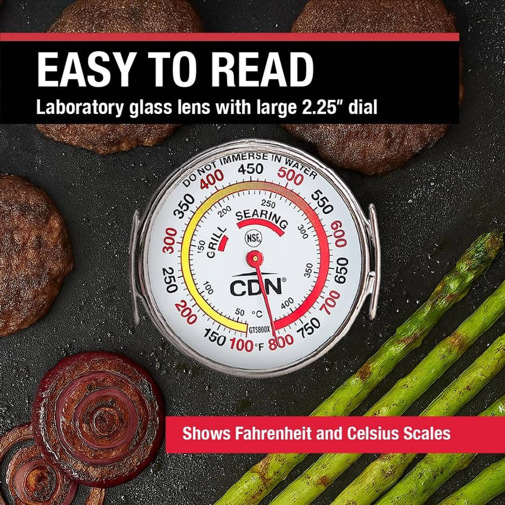 Grill surface thermometer dial with large lens and visible °C and °F temperature scales