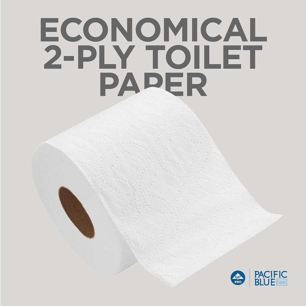 White 2-ply embossed toilet paper roll with textured pattern and visible brown core