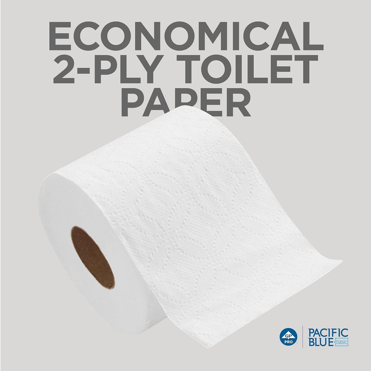 White 2-ply embossed toilet paper roll with textured pattern and visible brown core