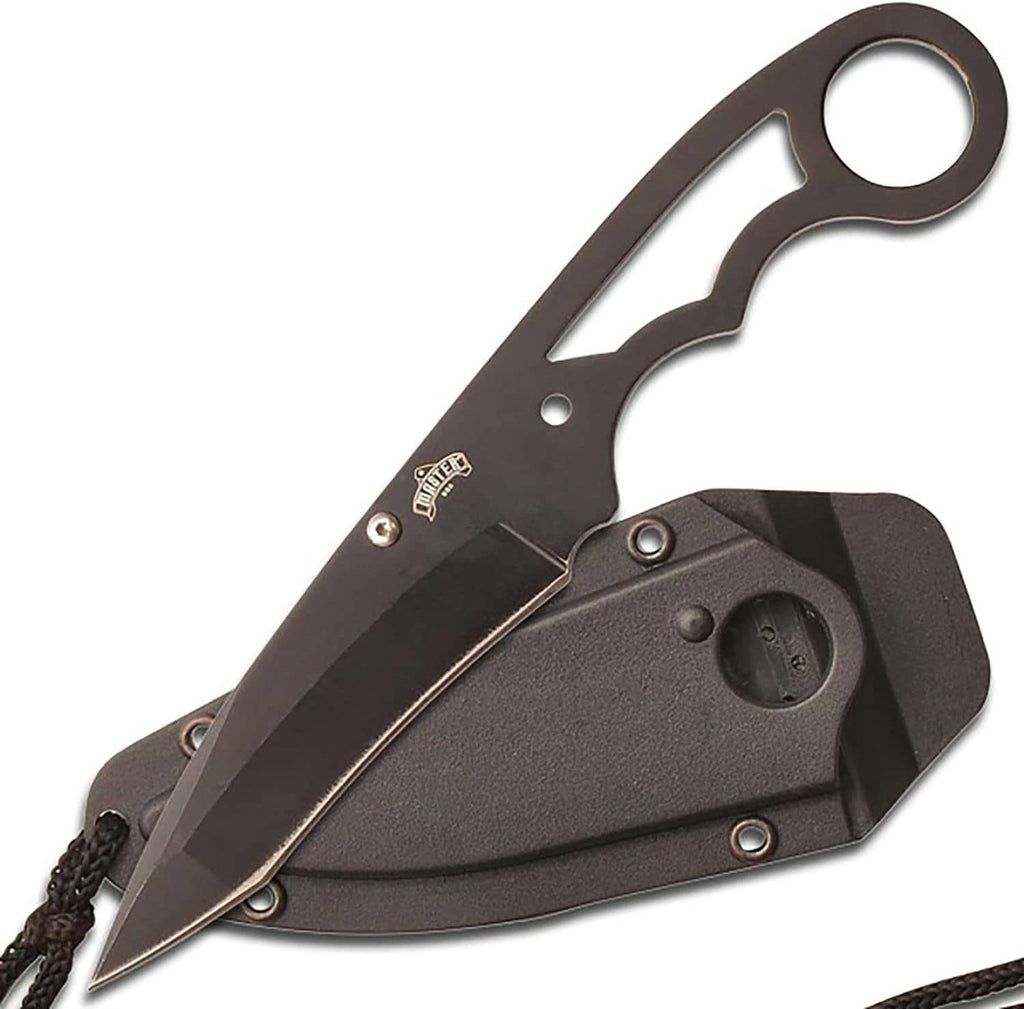 Black folding knife with sheath, pointed blade, and oval ring handle