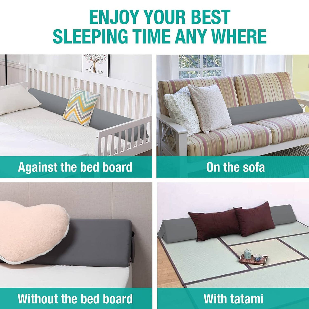Gray bed wedge pillow for elevated sleeping on bed, sofa, or with tatami style base.