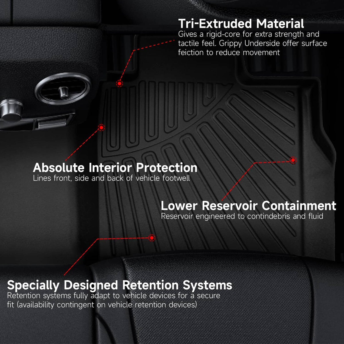 Black floor mat liner with molded tread channels and containment ridges detail