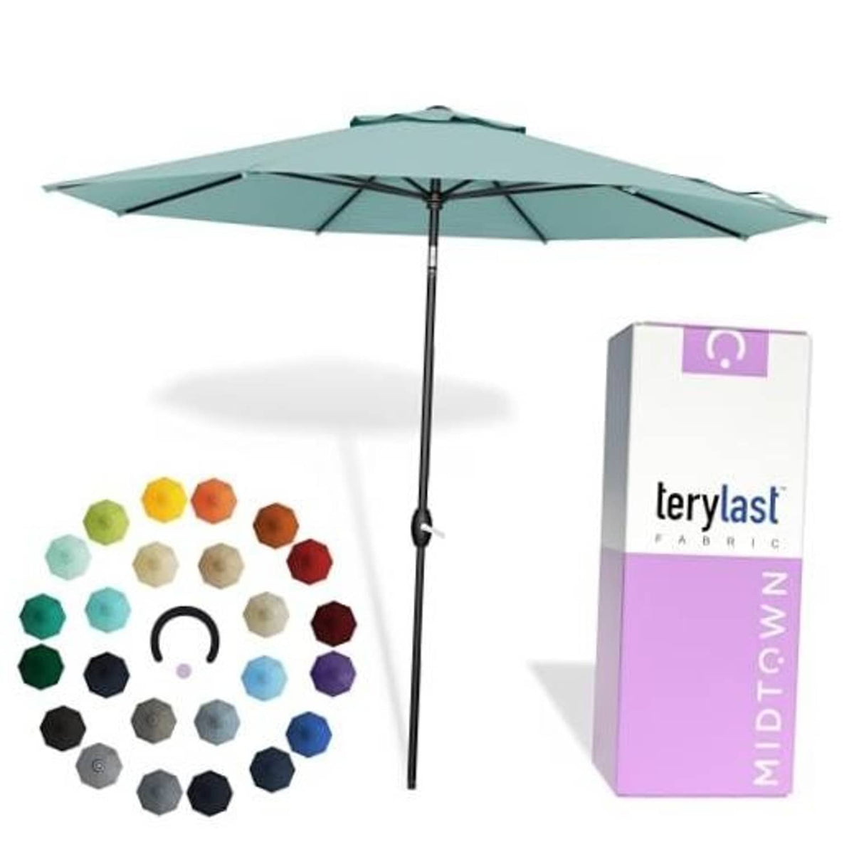 9 ft teal patio umbrella with crank pole and auto-tilt canopy
