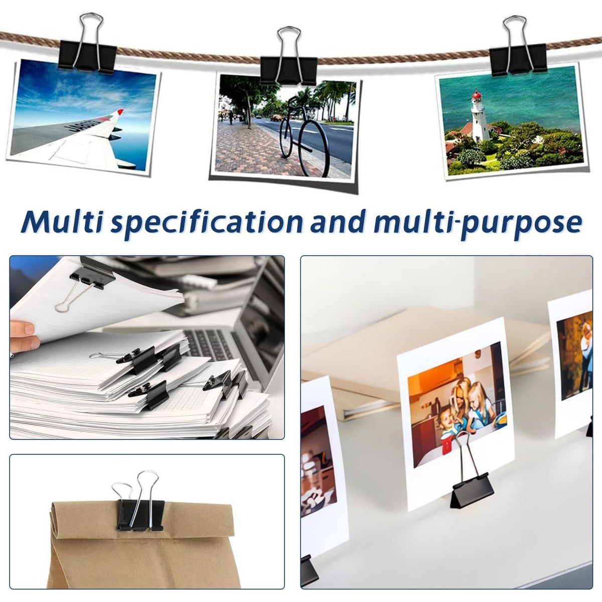 Black binder clips holding multiple photos to a wire line display