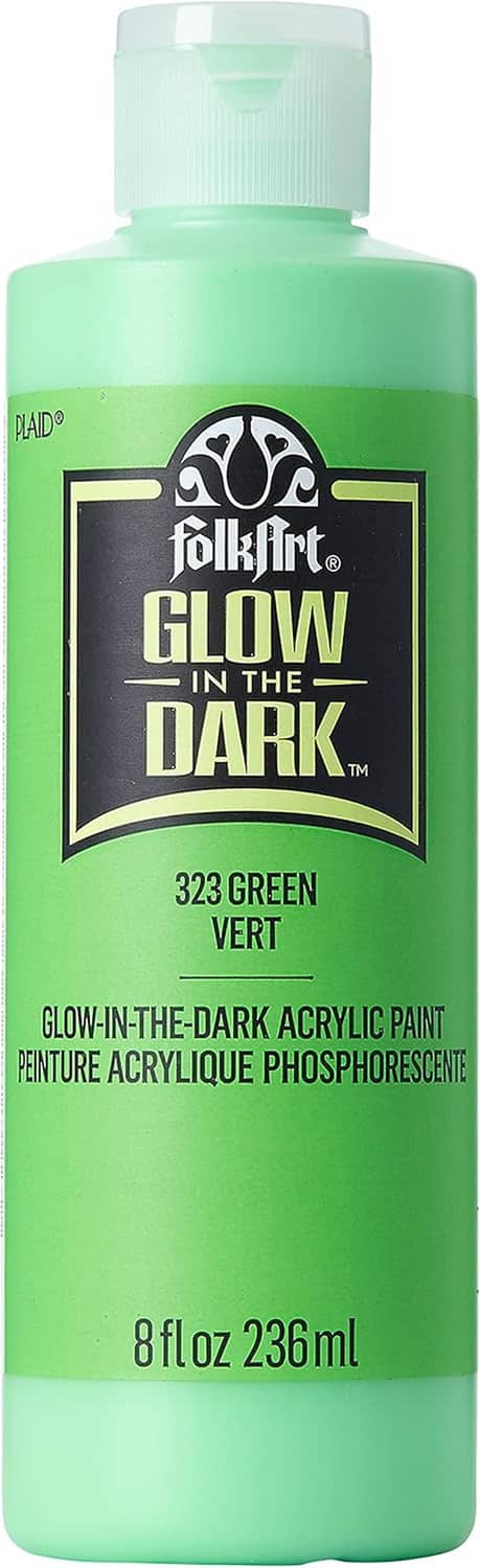 Glow-in-the-dark acrylic paint bottle, 8 fl oz, bright green paint bottle with label front.